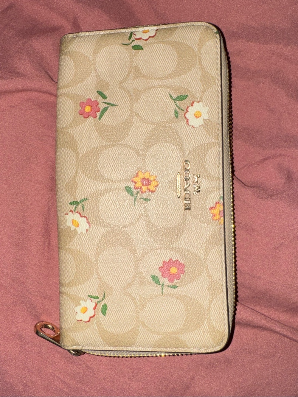 Coach Beige Floral Zip-Around Wallet with Pink and Yellow Accents